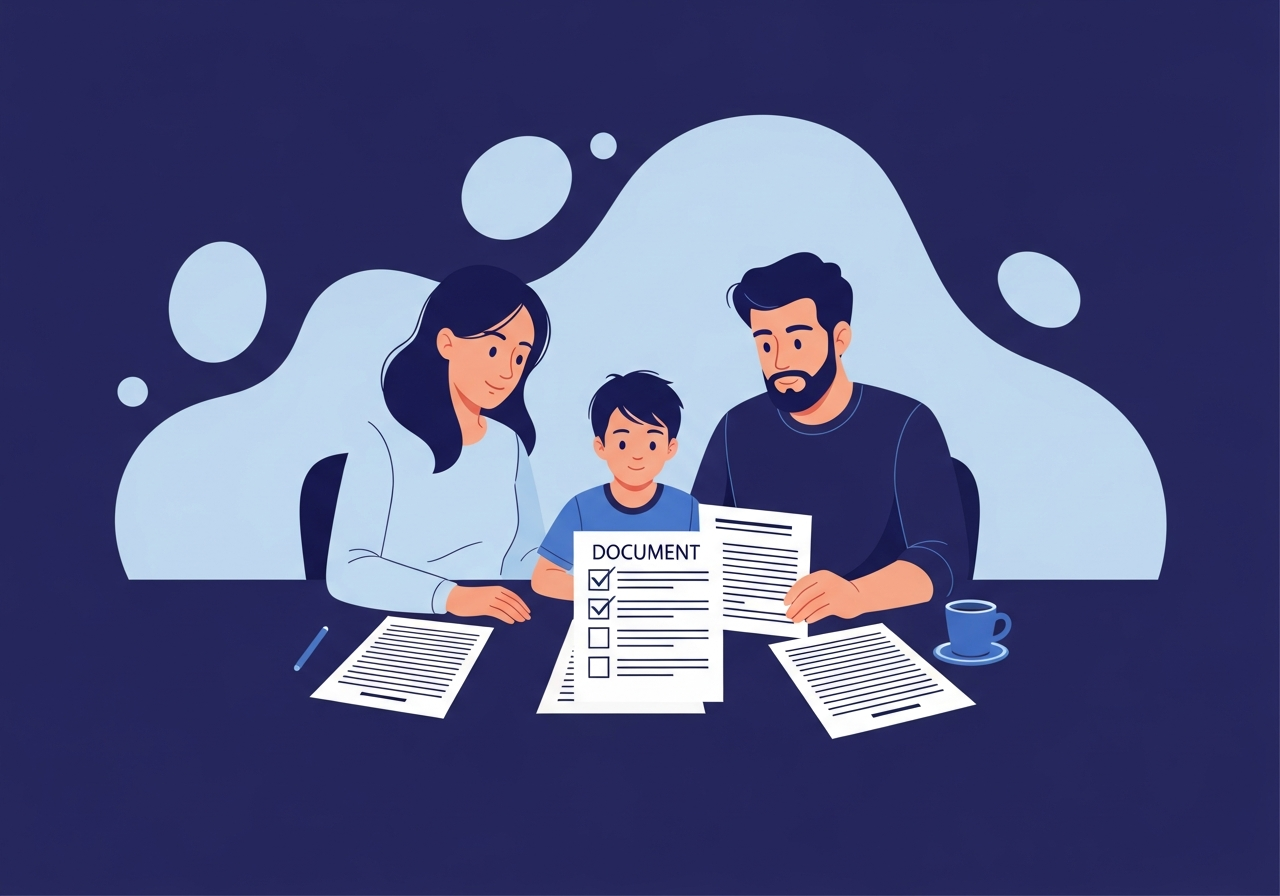 Illustration of a family reviewing a documented plan together
