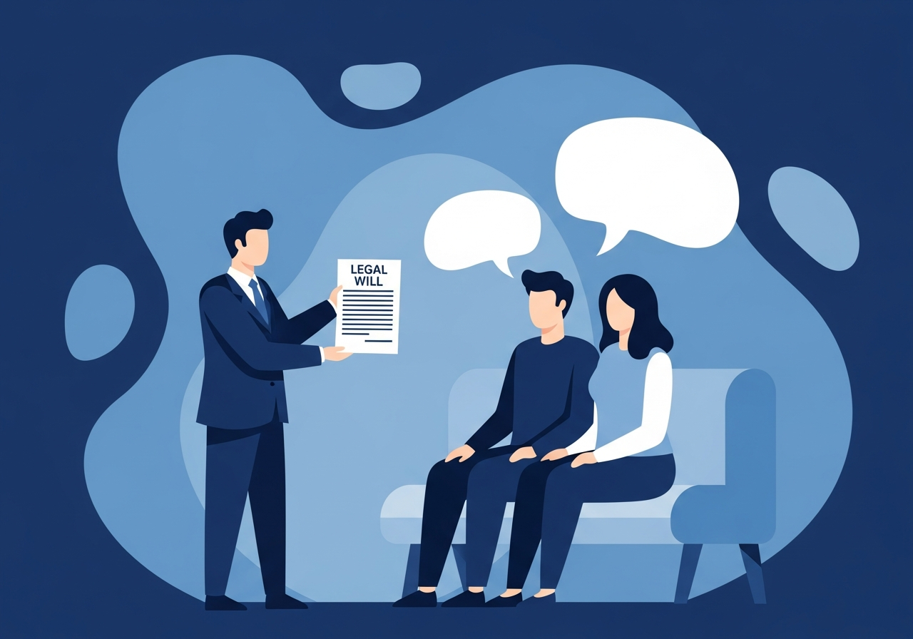 Illustration of a lawyer explaining a will to a family